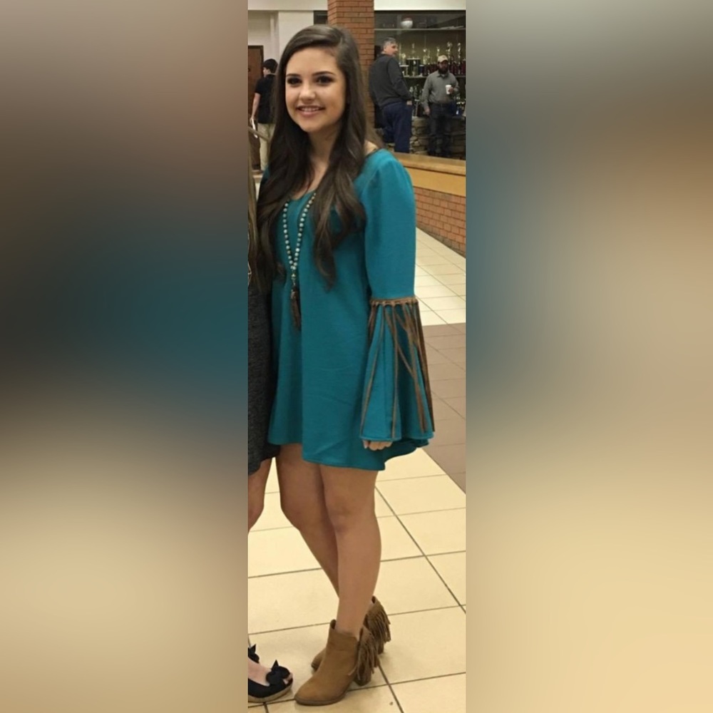 Judith March sz small dress- color is teal with brown fringe